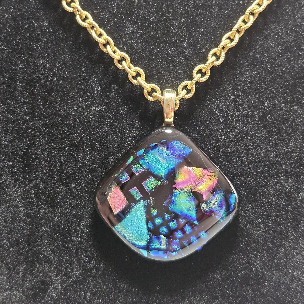 Black Blue Murano Pendant On Thick Gold Tone 30 Inch Chain Necklace